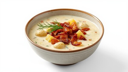 Creamy clam soup topped with crispy bacon and dill. Set against a white backdrop