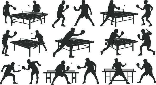 Collection of Fifteen Black Silhouettes of People Playing Table Tennis ping pong sport