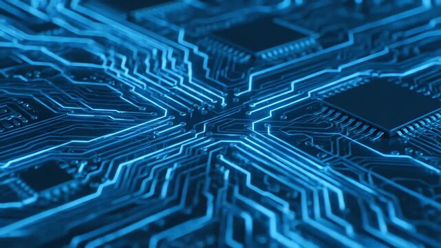 A detailed image of a computer circuit board in shades of blue. The intricate patterns of the electronic components are clearly visible