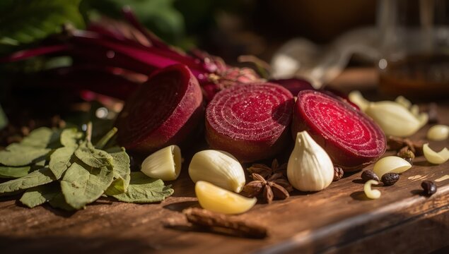 Fermented kvass with garlic, bay leaf, onion, and allspice using sliced red beet