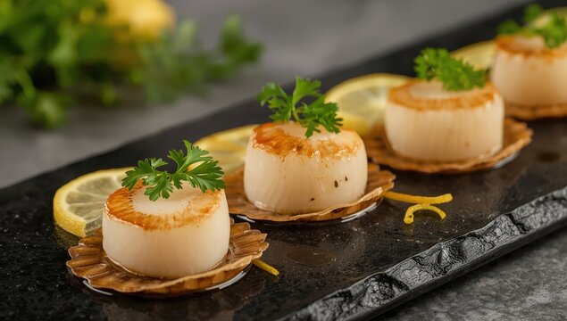 Fresh scallops with lemon and parsley on a dark stone dish