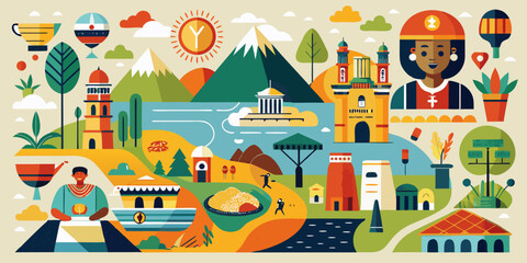 Fototapeta premium Travel to Ethiopia set, elements of culture, landmarks and food in infographic collage poster. Obelisk of Axum and Church in lalibela, Injera flatbread, doro wat and coffee cartoon vector illustration