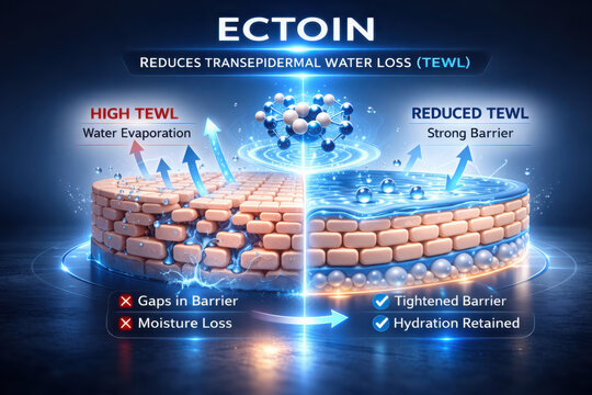 Ectoin reduces transepidermal water loss by creating strong barrier that minimizes moisture loss and enhances hydration retention