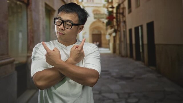 Chinese man wearing glasses and white t shirt crosses arms in x gesture on narrow oldtown street; defiance.