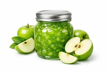 Isolated glass jar of green apple jam on white