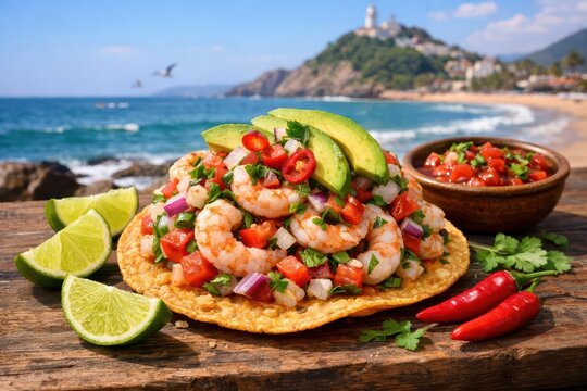 Mazatlan-style shrimp ceviche tostada