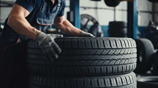Automotive technician moving car tire in a vehicle repair shop for service and maintenance