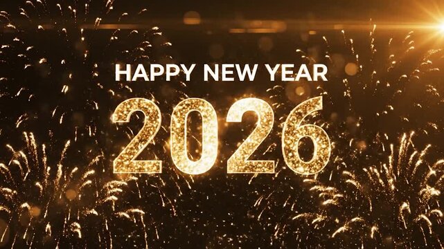 Golden fireworks display with new year message and shiny numbers
