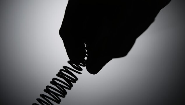 Outline of a hand squeezing a metal spring with thumb and finger