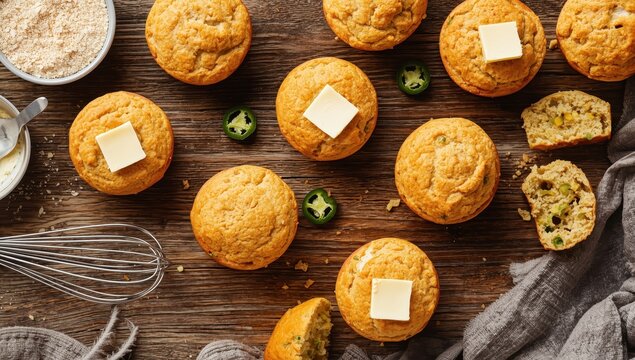 Overhead view. Homemade cornbread muffins with jalape&ntilde;o and butter