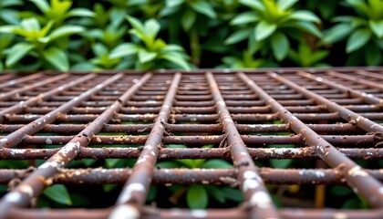 Rusty Metal Grid with Lush Green Background