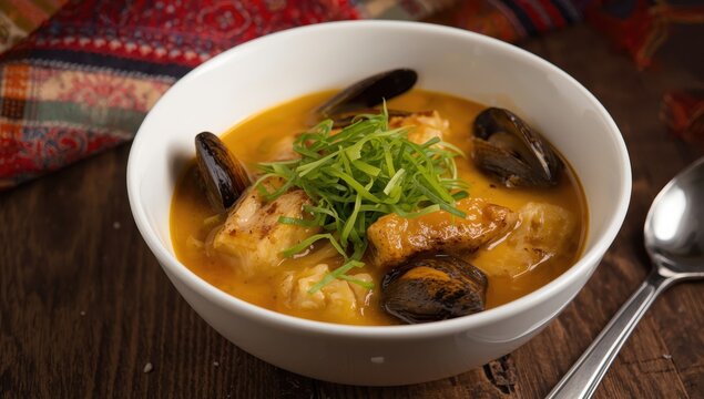 Peruvian dish: Chita Grint soup with seaweed and mussels in a white bowl