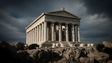 Obraz premium Ancient Greek temple on rocky hill with dramatic cloudy sky