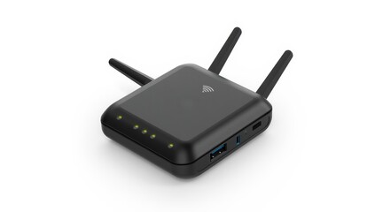 Fototapeta premium Portable Wi-Fi router on white backdrop. Black pocket hotspot
