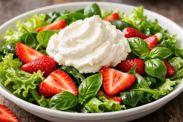 Salad featuring mascarpone and strawberries. Close-up