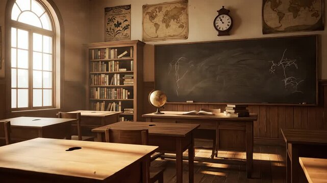 A warmly lit, vintage classroom scene showcasing wooden desks, bookshelves filled with books, maps, blackboard with scribbles, and an antique clock