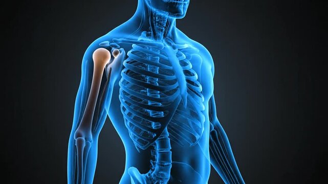 Human anatomy illustration highlighting skeletal system and muscular structure of torso and arm from front view