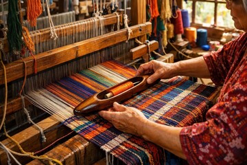 Shuttle weaving on the colored threads