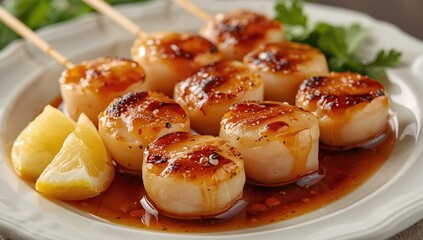 Skewered scallops with lemon and soy sauce
