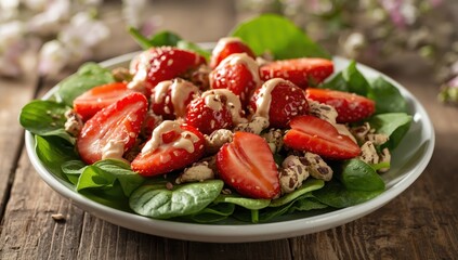 Spinach and strawberry salad with poppy and sesame dressing. Blank space