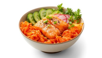 Fototapeta premium Tasty salmon and vegetable poke bowl on a white background