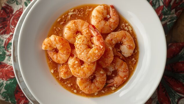 Thai-style steamed shrimp with spicy lime sauce on a white plate. Overhead view