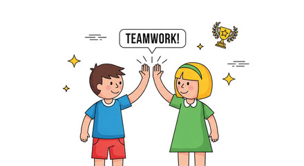 A dynamic illustration showing two young people enthusiastically giving a high-five in a display of cooperation and unity.