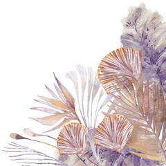 Boho safari leaves in golden beige tones arranged as corner bouquet. Watercolor botanical composition for greeting card design, invitation or poster, isolated on white background © Tatiana
