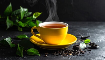 A steaming cup of hot tea with a slice of lemon and delicate flowers sits on a white saucer atop a cafe table, creating a beautiful breakfast beverage scene with no people present