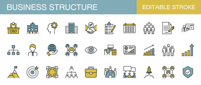 事業構造に関するラインアイコンセット（線幅変更可能・カラー）
