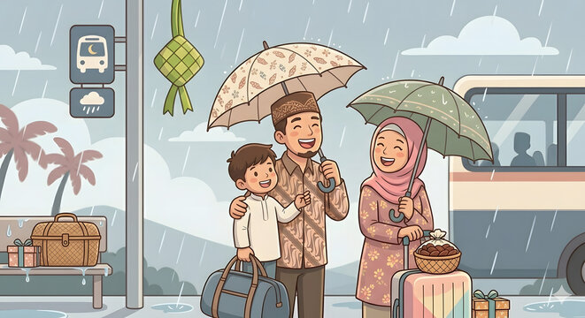 Muslim Family Waiting for Bus in Rain During Mudik Eid Homecoming Travel