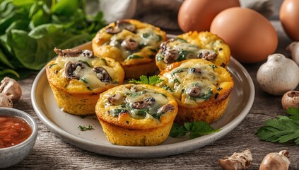 Fototapeta premium Healthy breakfast muffins with mushrooms, spinach, and cheese, suitable for vegetarians