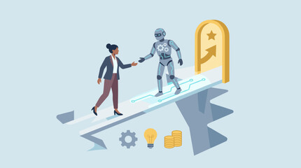 Businesswoman shaking hands with an AI robot assistant on a digital bridge leading to a golden door of success, representing artificial intelligence guidance, innovation, and future partnership.