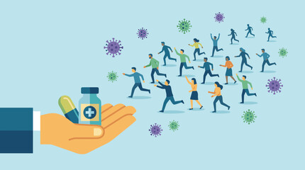 Hand Holding COVID-19 Pill and Vaccine Bottle with People Running to Reach Treatment Amidst Virus Particles. Illustration of Global Health Crisis, Pandemic Medicine, and Urgent Search for Cure.