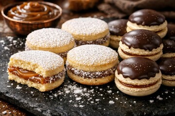 Fototapeta premium Close-up of chocolate-covered vanilla macaroons and alfajores with dulce de leche on black stone