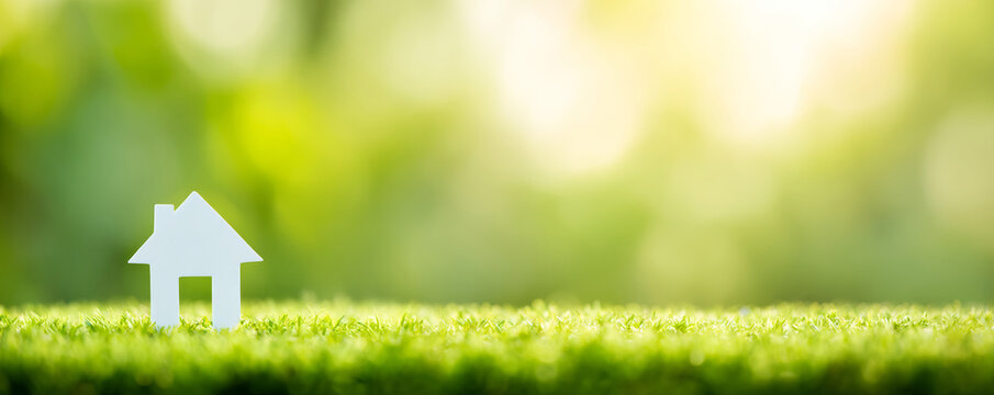 Eco house green grass sustainable home paper house real estate copy space nature background eco friendly environment sunlight lawn spring summer