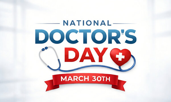 National Doctors Day Graphic on March 30 with Blue Stethoscope and Red Heart
