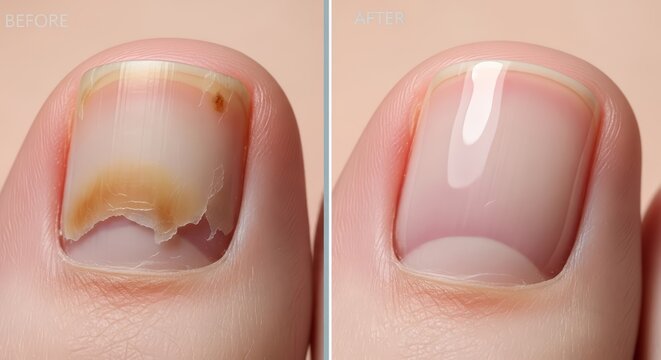 Close up of toe fungal infection before and after treatment to show cosmetic improvement. Toenail health care and medical dermatology concept.