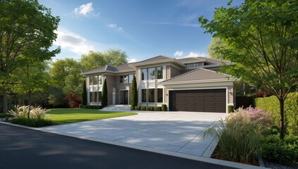 Luxury home garage door surrounded by trees and attractive spring scenery in Vancouver, Canada, May 2025