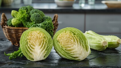 Halved napa cabbage on a dark stone surface with a wicker basket and broccoli, ideal for healthy meals and Asian dishes