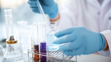 Pharmacist hands handling medicine vials and laboratory glassware with precision in professional pharmaceutical environment.