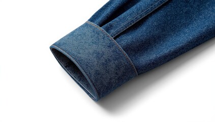 folded cuff of blue denim shirt texture against white backdrop, jeans trend