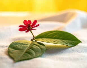 A vibrant red flower blooms with green leaves atop a soft, white textured surface, yellow glow in back