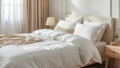 Obraz premium Bright bedroom featuring white bedding. Minimalist, soft fabric creates a fresh, cozy ambiance. Scandinavian design with hotel-like comfort