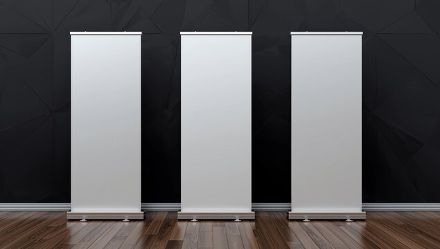 three blank rollup mockups for banding. 3d render illustration