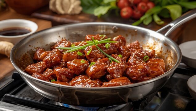 Tender teriyaki chicken pieces sizzling in a stainless steel pan. Flavorful marinated meat browning in sauce on a stovetop, shown in a close-up cooking image