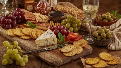 Small dishes, blue cheese wedge, cheese knife, crackers on a unique round wooden platter, champagne glass, assorted fresh grapes, bowl of olives on a wooden board, Spanish wine sampling