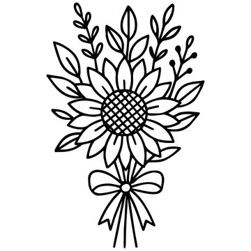 Bouquet of flowers line art icon with transparent background floral outline for greeting card design
