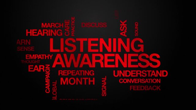 Listening awareness concept Animated Tag Word Cloud kinetic typography, Text Design Animation typography seamless loop video motion graphics Intro Wordart red type on black background bg backdrop