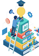 Isometric Man Climbing Books to Learn New Skills and Knowledge